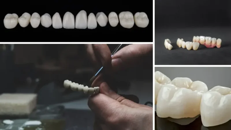 Dr. Tarkan's Full Mouth Dental Implants Turkey Package Deals (collage picture of 4-step zirconia and e.max prosthesis manufacture)