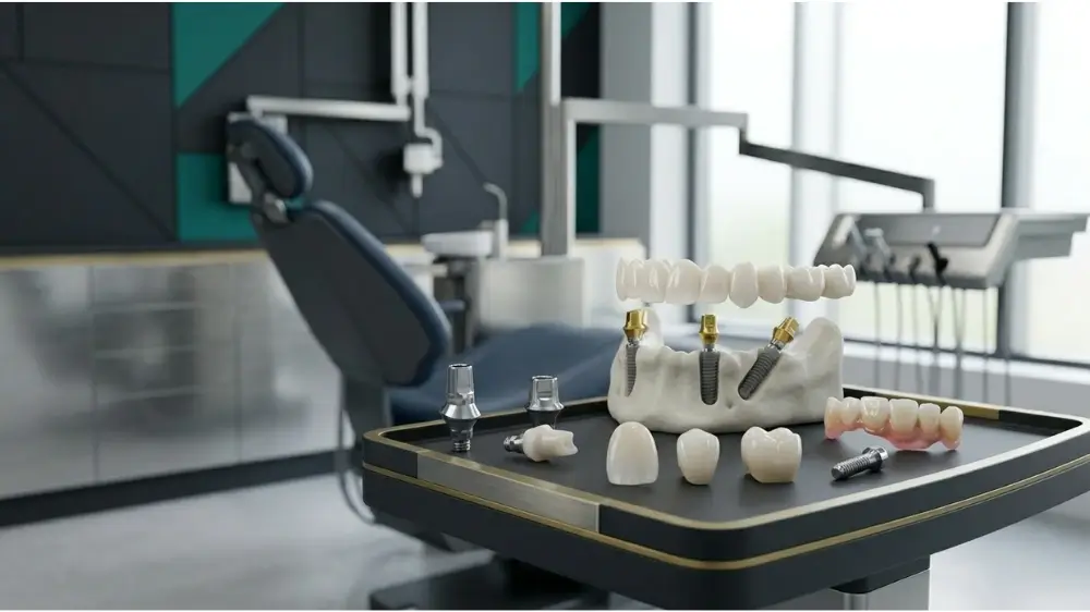 Picture of a dental cabinet showing a set of full mouth dental implants on a table next to the patient chair