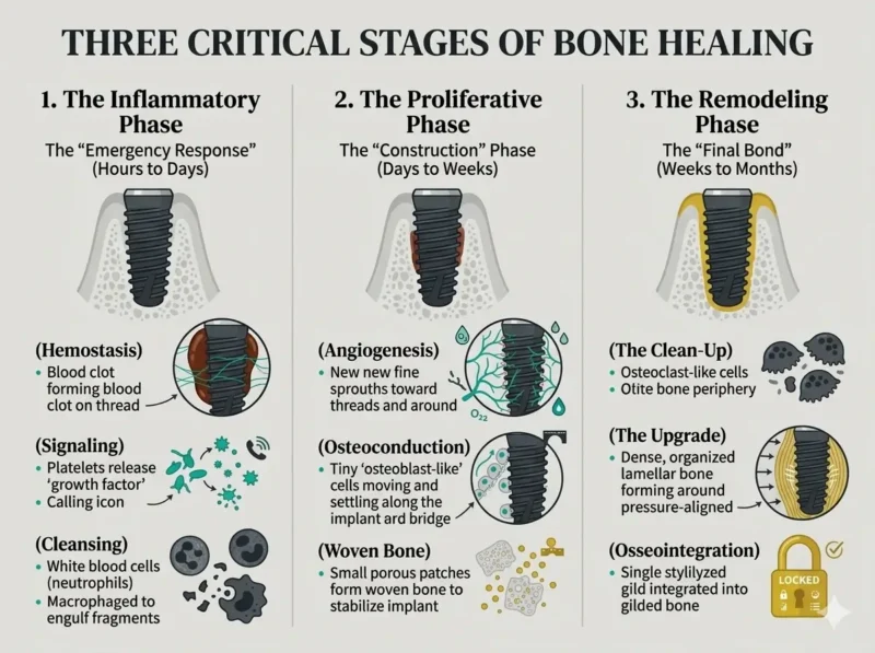 an image that demonstrates three stages of bone healing during Osseointegration of Dental Implants