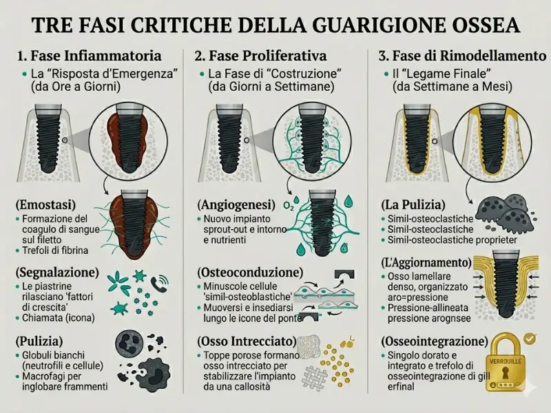 Un'immagine didattica che illustra le tre fasi cruciali della guarigione e della rigenerazione ossea durante il processo di osteointegrazione di un impianto dentale.