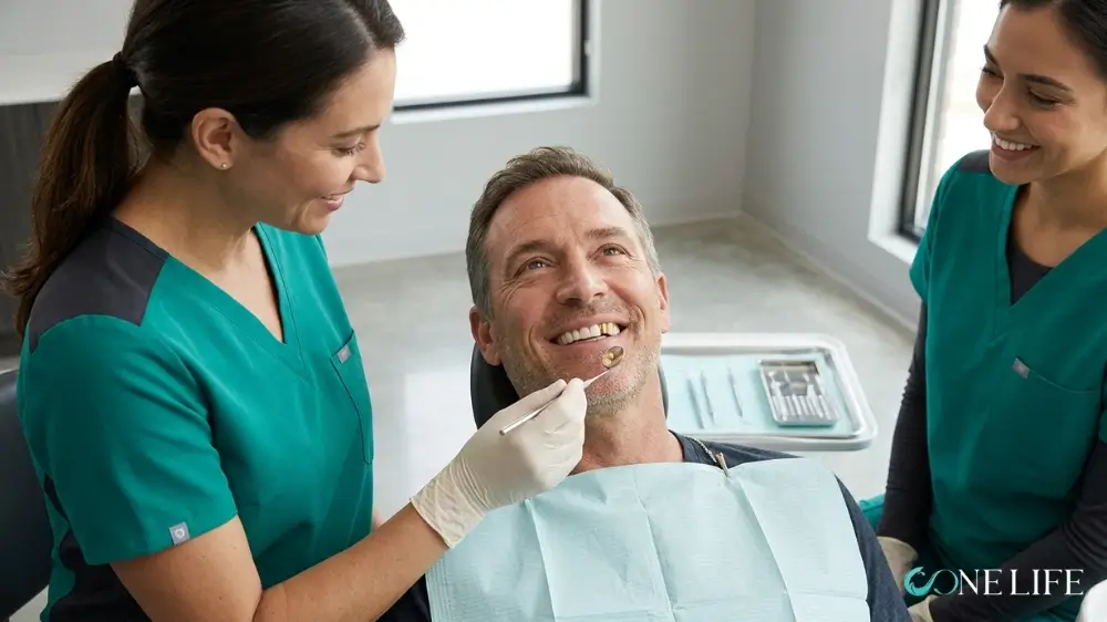 A smiling male patient in a modern dental clinic receiving a follow-up exam from professional dentists wearing teal and charcoal scrubs, representing the successful and natural results of long-term dental implant treatment at OONE LIFE Dental.