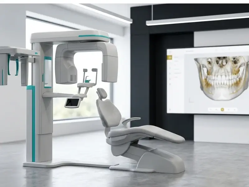 image of a cbct scan above a dentist chair, used to get 3d image of a patients mouth
