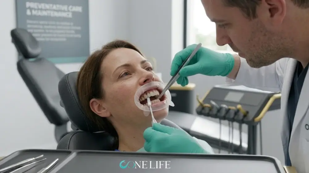 A detailed close-up shot of a male dentist, wearing turquoise gloves and a white lab coat, meticulously examining the upper teeth of a female patient, who is seated comfortably in a charcoal grey dental chair for cleaning her dental implants, her mouth propped open with a clear retractor. Her eyes are looking up, a sign of her calm demeanor, and her hair is neat. The background, though slightly blurred, features a sign with the clear words 'PREVENTATIVE CARE & MAINTENANCE', highlighting the focus on long-term dental health.