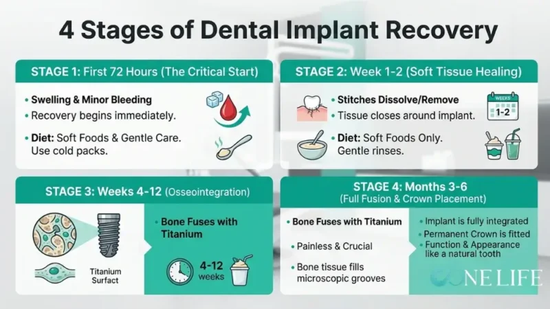Infographic showing the 4 dental implant healing stages