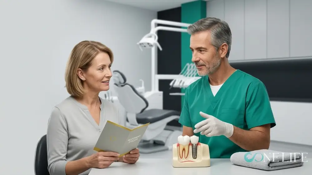 Turkish dentist explaining dental implant healing stages to a female patient inside a clinic room
