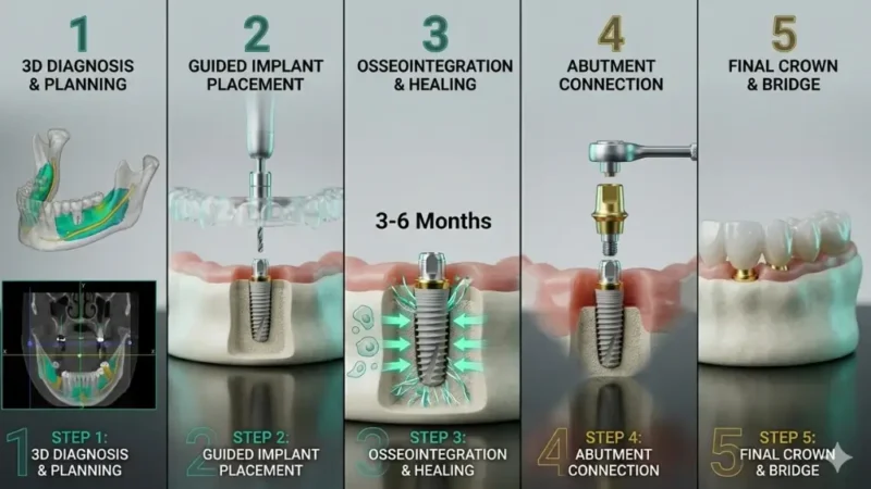 Infographic illustrating the dental implants procedure step by step in 5 sections