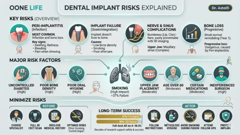 Infographic illustrating dental implants risks and risk factors