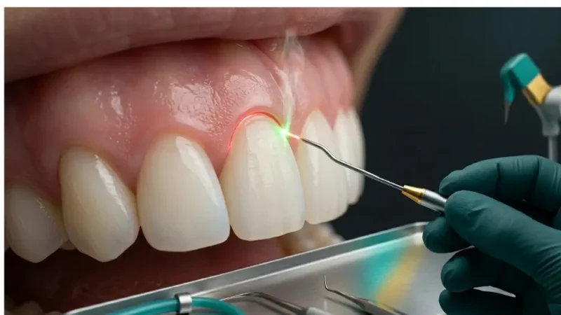 A macro, hyper-realistic close-up photograph capturing a laser gum contouring procedure on upper teeth. A hand in a dark-teal medical glove holds a gold-tipped laser handpiece, emitting a focused red light that precisely traces the upper-right gingival margin, creating a small, visible plume of vaporized tissue. In the deeply shadowed clinical environment (OONE LIFE DENTAL brand colors), a larger, out-of-focus teal dental handpiece hangs on a stand in the background. The teeth are bright, healthy white, set against rich, healthy pink gums under professional, focused light. The perspective is centered on the teeth being contoured, demonstrating surgical precision.