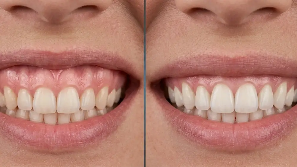 A high-resolution medical before-and-after comparison of a gummy smile treatment. The left panel shows a close-up of a smile with excessive gingival display (gummy smile) where more than 3mm of gum tissue is visible. The right panel shows the same smile after treatment, displaying a balanced and harmonious gum-to-tooth ratio with the upper lip resting naturally at the top of the teeth. The image features soft, professional clinical lighting on a neutral background.
