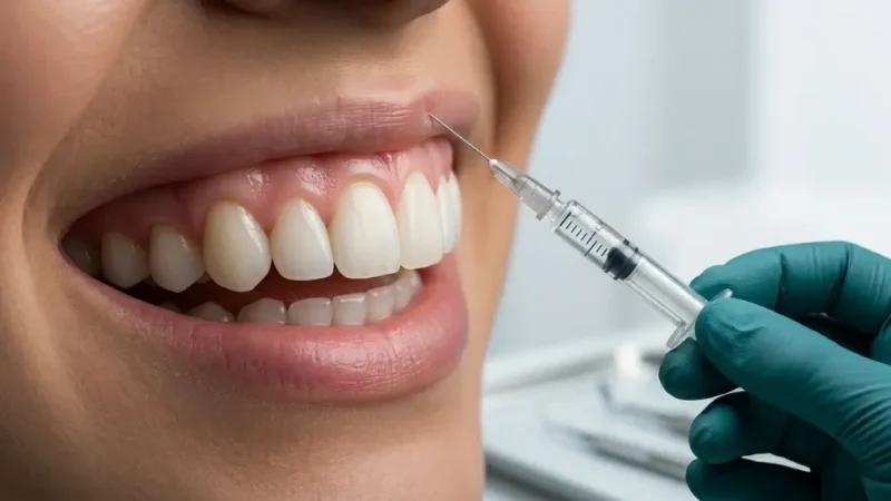 A hyper-realistic, professional medical-aesthetic photograph in landscape orientation. The image features a minimalistic close-up of a patient’s upper lip and smile against a clean, neutral grey background. A hand in a dark-teal medical glove is shown from a side angle, precisely administering a Botox injection into the muscle area above the upper lip. The focus is on the needle tip at the point of entry and the balanced gum-to-tooth ratio of the smile. The lighting is soft and clinical, perfectly aligned with the OONE LIFE DENTAL brand aesthetic.