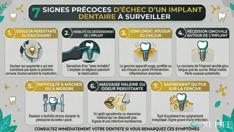 Une infographie intitulée « 7 SIGNES PRÉCOCES D'ÉCHEC D'UN IMPLANT DENTAIRE À SURVEILLER », conçue avec la charte graphique d'OONE LIFE (turquoise, or, anthracite et gris clair). Le visuel présente sept sections numérotées comprenant des illustrations médicales et des explications en français : 1. **Douleur persistante ou s'aggravant :** Une douleur qui augmente ou qui ne s'améliore pas après la première semaine. 2. **Mobilité ou desserrement de l'implant :** Une sensation d'implant « instable » ou qui bouge lors de la mastication. 3. **Gonflement, rougeur ou chaleur :** Des gencives gonflées ou une inflammation anormale au niveau du site de l'implant. 4. **Récession gingivale autour de l'implant :** La couronne semble plus longue que les autres avec du métal visible à la base. 5. **Difficulté à mâcher ou à mordre :** Un inconfort ou une pression inhabituelle lors des repas. 6. **Mauvaise haleine ou odeur persistante :** Un goût désagréable ou des signes d'infection bactérienne. 7. **Saignement ou pus sur la gencive :** Tout écoulement ou saignement inexpliqué, signe d'une infection grave. Au bas de l'infographie se trouve l'appel à l'action : « CONSULTEZ IMMÉDIATEMENT VOTRE DENTISTE SI VOUS REMARQUEZ CES SYMPTÔMES », avec le logo OONE LIFE en bas à droite.