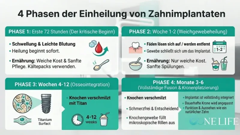 Infographik, der die 4 Zahnimplantats Heilungsphasen erklärt