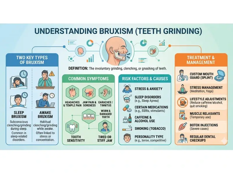 a table that explains types of bruxism, symptoms, causes and treatment