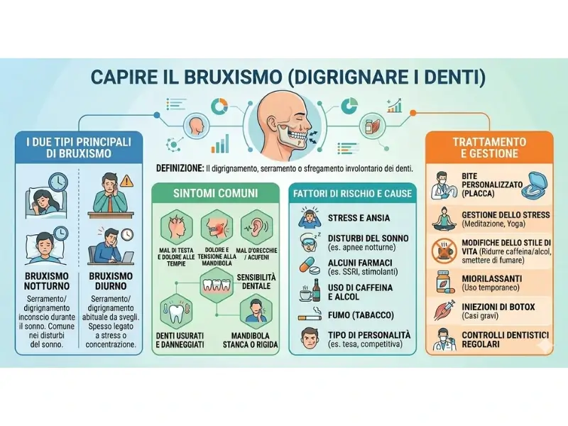 una tabella che mostra le cause, i trattamenti e i fattori di rischio del bruxismo (digrignamento dei denti)