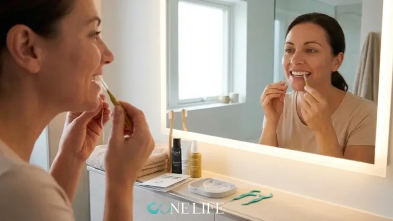 A smiling woman is shown in profile and through her reflection in a well-lit bathroom mirror, meticulously cleaning her teeth with a specialised interdental brush and dental floss. The bathroom counter is organised with personal care products, including tubes of toothpaste and CORE LIFTS brand bottles, next to a clear dental aligner tray and loose dental floss picks. The bright, natural light from a window and the mirror creates a clean and focused atmosphere, highlighting the detailed steps of her personalised implant care routine.