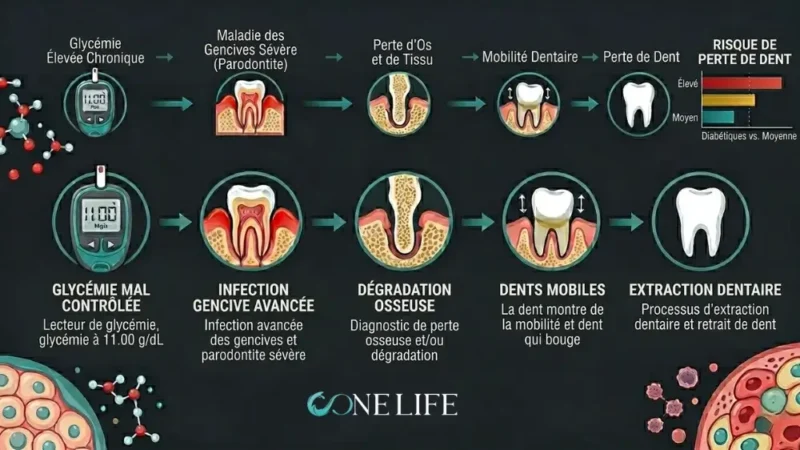 Une infographie médicale détaillée sur fond gris foncé illustrant le lien entre le diabète et la perte de dents, avec tous les textes en français. 1. Parcours Supérieur (Résumé) : Une suite d'étiquettes textuelles reliées par des flèches : « Glycémie Élevée Chronique » → « Maladie des Gencives Sévère (Parodontite) » → « Perte d’Os et de Tissu » → « Mobilité Dentaire » → « Perte de Dent ». Sur la droite, un graphique à barres intitulé « RISQUE DE PERTE DE DENT » compare le risque « Élevé » pour les diabétiques par rapport à la « Moyenne ». 2. Flux Principal (Icônes et Descriptions) : o Glycémie Mal Contrôlée : Un lecteur de glycémie numérique affichant « 11.00 ». En dessous : « Lecteur de glycémie, glycémie à 11.00 g/dL ». o Infection Gencive Avancée : Illustration d'une dent avec des gencives rouges et enflammées. En dessous : « Infection avancée des gencives et parodontite sévère ». o Dégradation Osseuse : Coupe transversale montrant la perte de l'os de soutien autour de la racine. En dessous : « Diagnostic de perte osseuse et/ou dégradation ». o Dents Mobiles : Une dent avec des flèches indiquant une instabilité. En dessous : « La dent montre de la mobilité et dent qui bouge ». o Extraction Dentaire : Une dent blanche extraite. En dessous : « Processus d'extraction dentaire et retrait de dent ». 3. Éléments Visuels : Le style est propre et didactique. Des modèles moléculaires sont visibles en haut à gauche, tandis que les coins inférieurs présentent des coupes cellulaires de tissus sains pour renforcer le contexte médical.