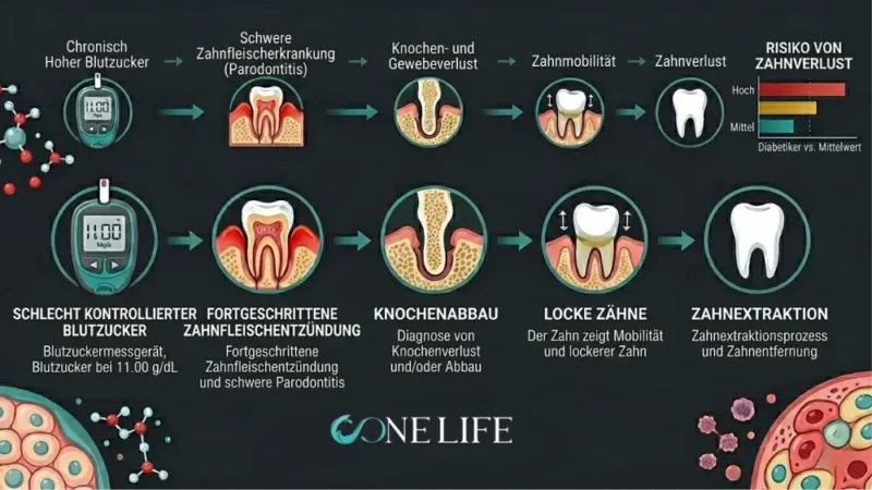 Hier ist die Übersetzung ins Deutsche: Eine detaillierte Infografik mit dunklem Hintergrund, die das Fortschreiten von schlecht eingestelltem Blutzucker bis zum Zahnverlust illustriert. Der gesamte Text ist auf Deutsch. Das Bild ist in zwei horizontale Reihen und mehrere aufeinanderfolgende Schritte gegliedert. Kopfzeilentext: Eine Abfolge von Textbeschriftungen oben: Chronisch Hoher Blutzucker → Schwere Zahnfleischerkrankung (Parodontitis) → Knochen- und Gewebeverlust → Zahnmobilität → Zahnverlust. Rechts von diesem Ablauf befindet sich ein Balkendiagramm mit dem Titel "RISIKO VON ZAHNVERLUST", das "Hoch" für Diabetiker im Vergleich zum Mittelwert anzeigt, wobei "Mittel" darunter beschriftet ist. Hauptprozessreihe: Diese Reihe steht im Mittelpunkt und zeigt fünf verschiedene illustrative Schritte, die durch Pfeile verbunden sind. Schlecht Kontrollierter Blutzucker: Ein digitales Blutzuckermessgerät zeigt einen Messwert von "11,00 MG/DL" an. Text darunter lautet: Blutzuckermessgerät, Blutzucker bei 11,00 mg/dL. Fortgeschrittene Zahnfleischentzündung: Eine Illustration eines Zahns mit stark gerötetem, entzündetem Zahnfleisch. Text darunter lautet: Fortgeschrittene Zahnfleischentzündung und schwere Parodontitis. Knochenabbau: Eine Illustration eines Zahns in seinem Fach, die zurückgezogenes Zahnfleischgewebe und Knochenverlust um die Wurzel zeigt. Text darunter lautet: Diagnose von Knochenverlust und/oder Abbau. Lockerer Zahn: Eine Illustration eines Zahns mit vertikalen Pfeilen darüber, die Instabilität anzeigen. Text darunter lautet: Der Zahn zeigt Mobilität und lockerer Zahn. Zahnextraktion: Eine Illustration eines einzelnen extrahierten Zahns auf einer weißen Oberfläche. Text darunter lautet: Zahnextraktionsprozess und Zahnentfernung. Zusätzliche Elemente: Ein Moleküldiagramm (Atome) befindet sich auf der linken Seite der oberen Reihe. In der unteren linken Ecke befindet sich ein Diagramm eines gesunden Hautquerschnitts. In der unteren rechten Ecke befindet sich ein Diagramm eines gesunden Querschnitts von innerem Organgebe.