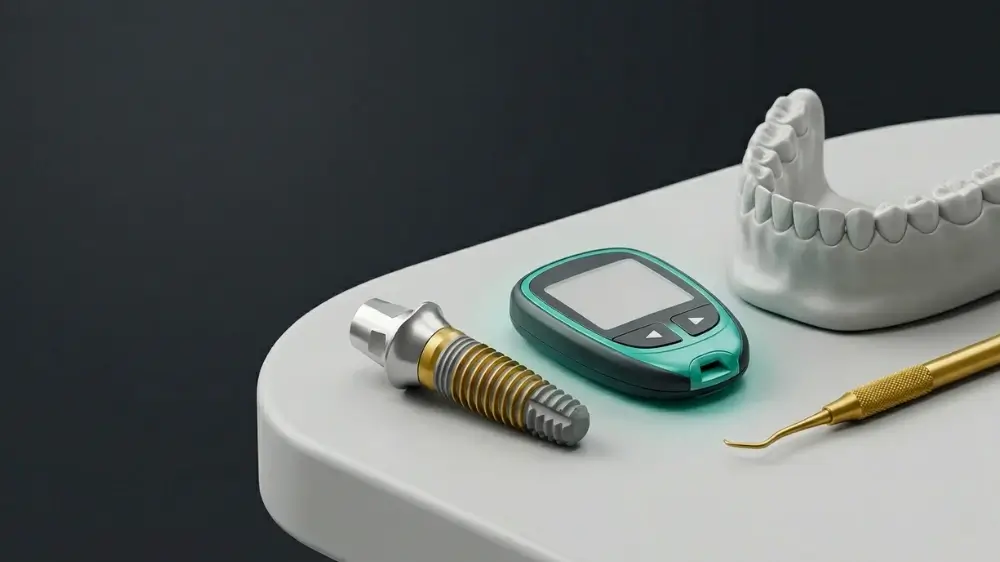 A hyper-realistic, minimalistic medical composition on a clean white surface against a dark charcoal background. On the left sits a titanium dental implant with a gold-colored screw thread. In the center is a modern teal and grey glucose meter with a blank screen. To the right, a white anatomical model of a lower jaw and a gold-finished dental probe are neatly arranged. The lighting is soft and professional, utilizing a corporate color palette of teal, gold, and deep grey.