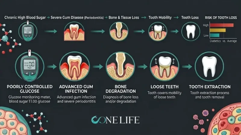 series of text labels and icons show the high-level progression from 'Chronic High Blood Sugar' to 'Severe Gum Disease (Periodontitis)' to 'Bone & Tissue Loss' to 'Tooth Mobility' and finally to 'Tooth Loss'. To the right of this flow is a 'RISK OF TOOTH LOSS' bar chart showing higher risk for 'Diabetics' compared to 'Average' individuals.

Main Process Flow (Icons & Descriptions): This is the central, detailed row.

Poorly Controlled Glucose: A digital glucose meter shows a reading of '11.00 MG/DL'. Text below reads: 'Glucose monitoring meter, blood sugar 11.00 glucose'.

Advanced Gum Infection: A cross-section diagram of a tooth and gums, showing inflamed, red tissue. Text below reads: 'Advanced gum infection and severe periodontitis'.

Bone Degradation: A cross-section diagram showing a recessed gum line and bone loss around the tooth root. Text below reads: 'Diagnosis of bone loss and/or degradation'.

Loose Teeth: An illustration of a single tooth within its socket, with arrows indicating mobility (wobbling). Text below reads: 'Tooth covers mobility of loose teeth'.

Tooth Extraction: An illustration of a single white tooth, ready for extraction. Text below reads: 'Tooth extraction process and tooth removal'.