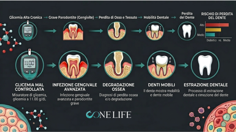 sequenza di etichette testuali collegate da frecce: 'Glicemia Alta Cronica' → 'Grave Parodontite (Gengivite)' → 'Perdita di Osso e Tessuto' → 'Mobilità Dentale' → 'Perdita del Dente'. Sulla destra, un grafico a barre intitolato 'RISCHIO DI PERDITA DEL DENTE' mostra un rischio molto più elevato per i 'Diabetici' rispetto alla 'Media'. • Flusso Principale (Icone e Dettagli): • Glicemia Mal Controllata: Un glucometro digitale segna '11.00 Mg/dl'. Sotto: 'Misuratore di glicemia, glicemia a 11.00 g/dL'. • Infezione Gengivale Avanzata: Illustrazione di un dente con gengive rosse e infiammate. Sotto: 'Infezione gengivale avanzata e parodontite grave'. • Degradazione Ossea: Sezione trasversale che mostra il riassorbimento dell'osso alveolare. Sotto: 'Diagnosi di perdita ossea e/o degradazione'. • Denti Mobili: Un dente con frecce che indicano il movimento. Sotto: 'Il dente mostra mobilità e dente mobile'. • Estrazione Dentale: Un dente bianco isolato. Sotto: 'Processo di estrazione dentale e rimozione del dente'. • Elementi Visivi: Lo stile è pulito e aziendale, con illustrazioni mediche precise. Negli angoli inferiori sono presenti diagrammi di cellule e molecole per arricchire il contesto scientifico.