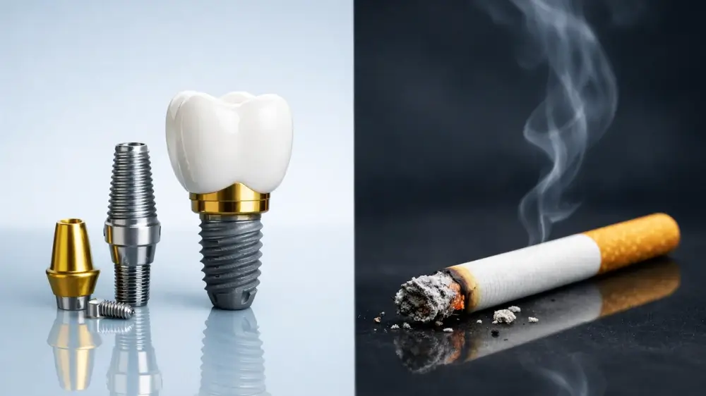 A hyper-realistic, minimalistic composition showing a dental implant with a white crown and metallic post placed beside a lit cigarette. The implant appears clean, polished, and clinical, while the cigarette emits a thin trail of smoke and ash, creating a stark contrast between oral health and the harmful effects of smoking. The scene is set against a smooth, neutral-toned background with subtle reflections, using muted greys, teal accents, and soft gold highlights in a modern medical aesthetic.