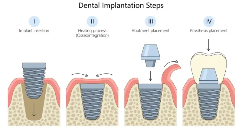 Cartoon-like 4-step image illustrating the dental implants procedure step by step