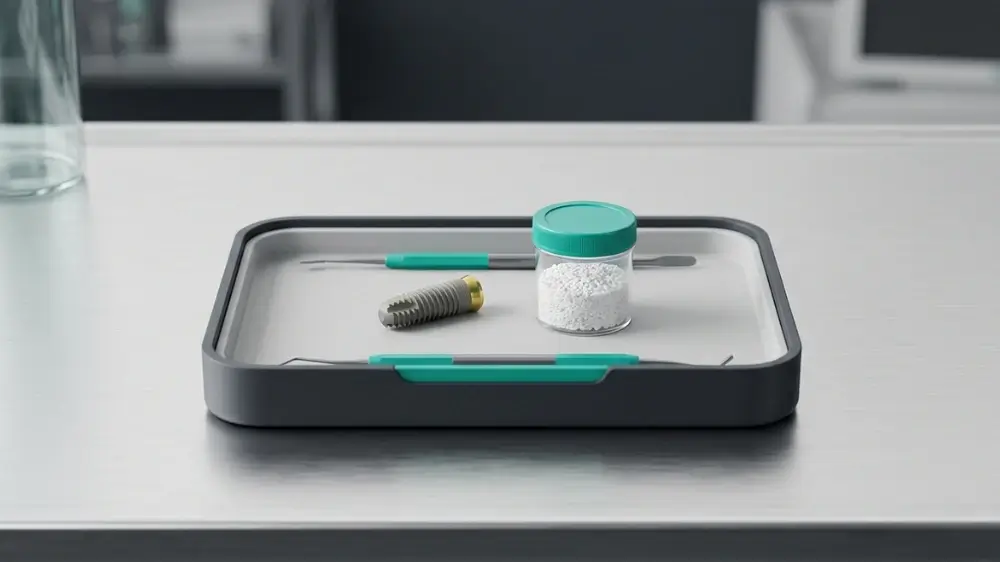a tray that contains bone material used for bone grafting, an implant and dentist tools