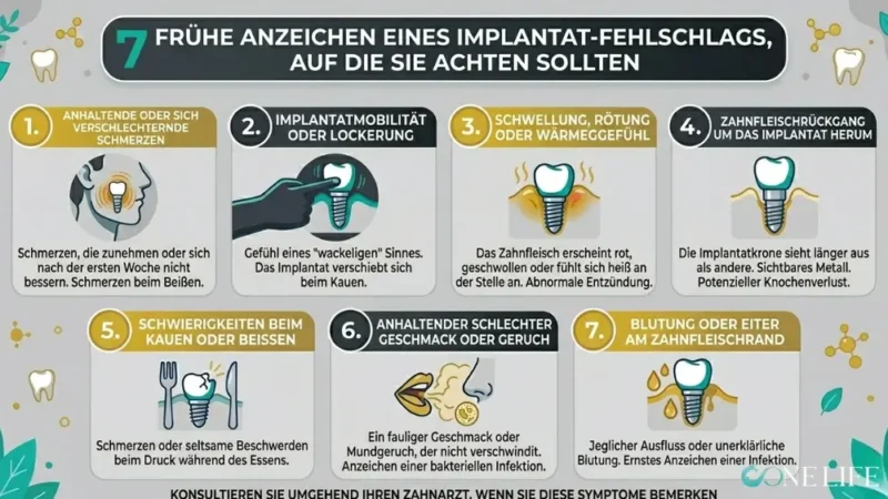 Eine Infografik mit dem Titel „7 FRÜHE ANZEICHEN EINES IMPLANTAT-FEHLSCHLAGS, AUF DIE SIE ACHTEN SOLLTEN“, gestaltet in den Markenfarben von OONE LIFE (Teal, Gold, Anthrazit und Hellgrau). Die Grafik zeigt sieben nummerierte Abschnitte mit medizinischen Illustrationen und deutschen Erklärungen: 1. **Anhaltende oder sich verschlechternde Schmerzen:** Schmerzen, die nach der ersten Woche zunehmen. 2. **Implantatmobilität oder Lockerung:** Ein Gefühl eines „wackeligen“ Zahnes beim Kauen. 3. **Schwellung, Rötung oder Wärmegefühl:** Geschwollenes Zahnfleisch oder abnormale Entzündungen an der Implantatstelle. 4. **Zahnfleischrückgang um das Implantat herum:** Sichtbares Metall an der Basis der Implantatkrone. 5. **Schwierigkeiten beim Kauen oder Beißen:** Seltsame Beschwerden oder Druck beim Essen. 6. **Anhaltender schlechter Geschmack oder Geruch:** Anzeichen einer bakteriellen Infektion im Mundraum. 7. **Blutung oder Eiter am Zahnfleischrand:** Jeglicher Ausfluss oder unerklärliche Blutungen als ernstes Infektionszeichen. Am unteren Rand steht die Handlungsaufforderung: „KONSULTIEREN SIE UMGEHEND IHREN ZAHNARZT, WENN SIE DIESE SYMPTOME BEMERKEN“, rechts daneben befindet sich das OONE LIFE Logo.