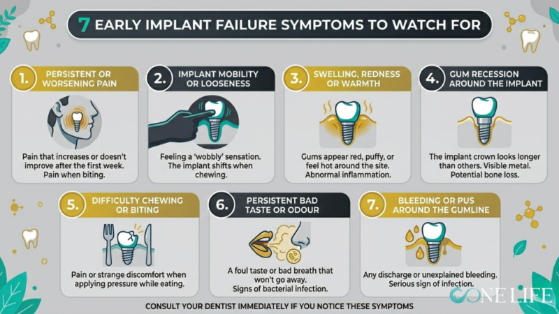 An infographic titled "7 Early Implant Failure Symptoms to Watch For" designed with a professional medical aesthetic using a palette of teal, gold, charcoal, and light grey. The graphic features seven numbered circular icons, each corresponding to a specific symptom with a descriptive illustration and a short explanation: 1. **Persistent or Worsening Pain:** An icon of a person's profile with a glowing jaw area, noting pain that doesn't improve after the first week. 2. **Implant Mobility or Looseness:** An illustration of a finger touching a wobbly tooth, describing a shifting sensation when chewing. 3. **Swelling, Redness or Warmth:** A diagram showing inflamed, red gums around an implant. 4. **Gum Recession Around the Implant:** A visual of an implant crown appearing longer than others with visible metal at the base. 5. **Difficulty Chewing or Biting:** An icon of a fork and knife next to a tooth, indicating discomfort when applying pressure. 6. **Persistent Bad Taste or Odour:** An illustration of a mouth with green vapor, suggesting signs of bacterial infection. 7. **Bleeding or Pus Around the Gumline:** A diagram showing droplets around the implant base, noted as a serious sign of infection. The bottom of the infographic includes the call to action: "Consult your dentist immediately if you notice these symptoms," alongside the OONE LIFE logo in the bottom right corner.