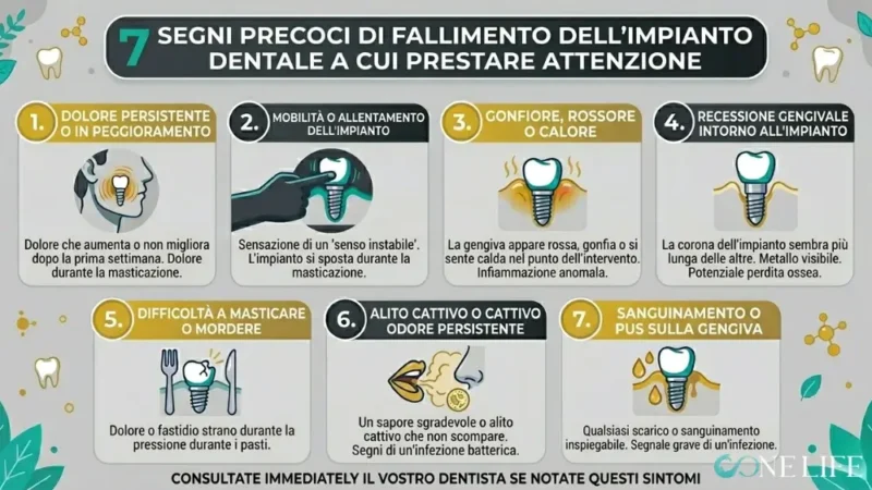 Un'infografica intitolata "7 SEGNI PRECOCI DI FALLIMENTO DELL'IMPIANTO DENTALE A CUI PRESTARE ATTENZIONE", progettata con l'identità visiva di OONE LIFE (verde acqua, oro, antracite e grigio chiaro). Il grafico presenta sette sezioni numerate con illustrazioni mediche e spiegazioni in italiano: 1. **Dolore persistente o in peggioramento:** Dolore che aumenta o non migliora dopo la prima settimana dall'intervento. 2. **Mobilità o allentamento dell'impianto:** Sensazione di un dente "instabile" o che si sposta durante la masticazione. 3. **Gonfiore, rossore o calore:** Gengive che appaiono rosse, gonfie o calde nel punto dell'intervento. 4. **Recessione gengivale intorno all'impianto:** La corona dell'impianto sembra più lunga delle altre con metallo visibile alla base. 5. **Difficoltà a masticare o mordere:** Fastidio strano o dolore quando si applica pressione durante i pasti. 6. **Alito cattivo o cattivo odore persistente:** Un sapore sgradevole o segni di un'infezione batterica. 7. **Sanguinamento o pus sulla gengiva:** Qualsiasi scarico o sanguinamento inspiegabile, segnale di una possibile infezione grave. Nella parte inferiore dell'infografica compare l'invito all'azione: "CONSULTATE IMMEDIATELY IL VOSTRO DENTISTA SE NOTATE QUESTI SINTOMI", con il logo OONE LIFE posizionato in basso a destra.