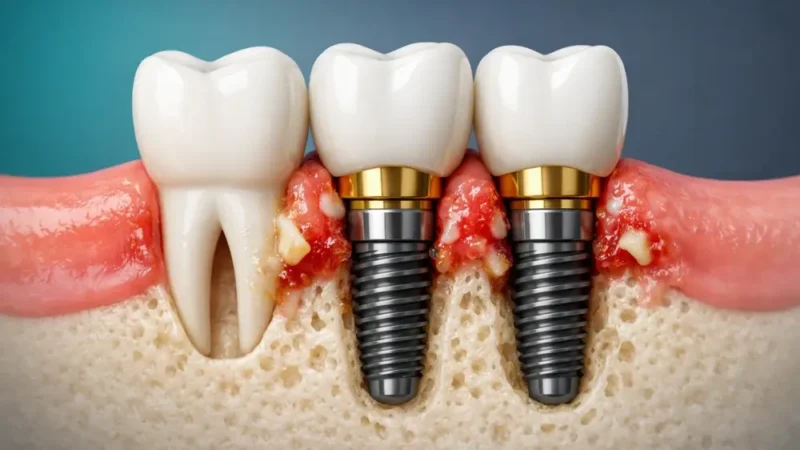 Hyper-realistic close-up of two dental implants placed in the jaw, surrounded by inflamed, swollen gum tissue with visible infection, next to a healthy natural tooth, illustrating complications of gum disease around implants.