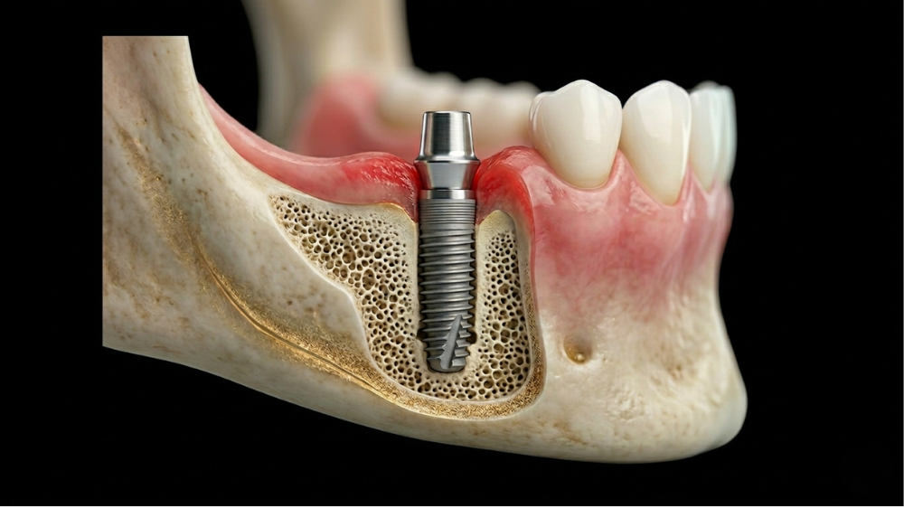 Cross-section illustration of a dental implant in the lower jaw, showing the titanium post anchored in the jawbone and the surrounding red, inflamed gum tissue indicating gum disease or peri-implantitis.
