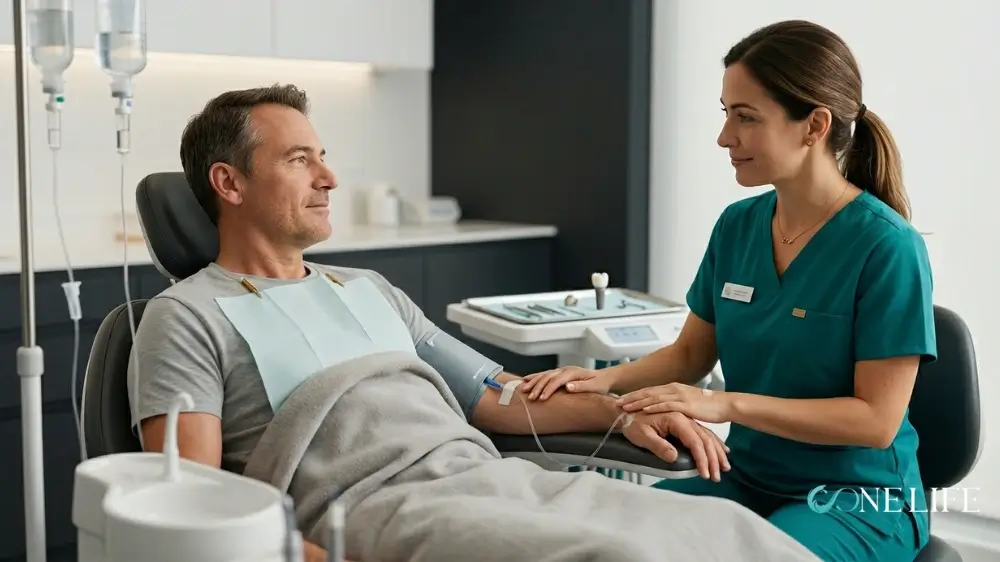 A professional and serene medical setting showing a male patient sitting in a dental chair, looking calmly at a female healthcare professional. The patient has an IV line in his arm and a blood pressure cuff, indicating a sedation procedure. The professional, wearing teal scrubs, rests a hand gently on the patient's arm in a supportive gesture. In the background, a clean, modern clinic environment is visible with medical monitors and dental equipment.