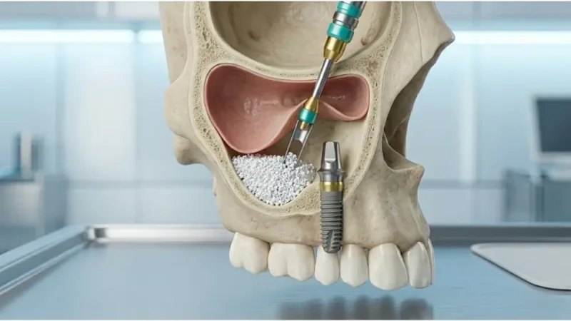A hyper-realistic, medical illustration of a sinus lift procedure is displayed against a clean, diffused medical clinic background. The image, which maintains the sleek, minimalistic, and gold-teal brand aesthetic established in image_12.png, features a close-up cross-section of the upper human maxilla bone. A highly detailed anatomical model shows the precise moment a surgeon lifts the delicate maxillary sinus membrane, creating the necessary vertical space to insert the bone grafting material. In a subtle nod to image_12.png, the gold-toned titanium implant and a granular bone graft material similar to the one in the sterile vial can be seen, emphasizing the advanced and professional nature of the treatment. There are no distracting logos or text, focusing exclusively on the medical expertise.