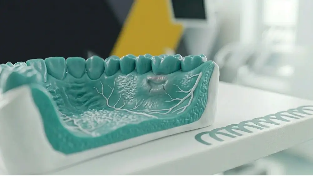 A hyper-realistic medical 3D model of a lower jaw and buccal mucosa (inner cheek) in a clean dental clinic setting, highlighting the soft tissue area often affected by chronic cheek biting. The visual uses a professional corporate color palette of teal, slate gray, and gold, representing a clinical approach to oral health and dental anatomy