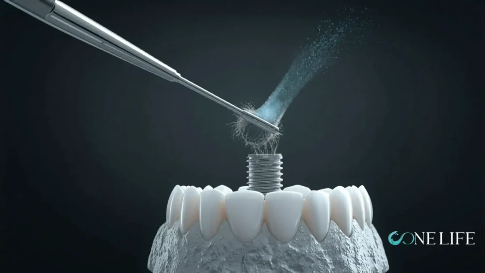 Close-up 3D illustration of a dental implant being cleaned with a professional air-polishing device, surrounded by a full arch of white teeth — One Life Dental