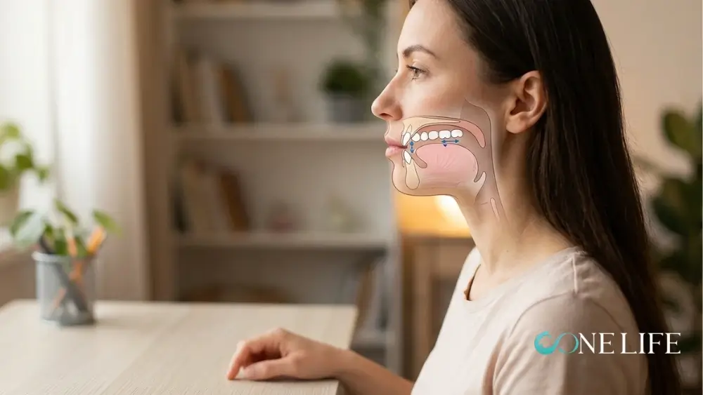 A side-profile photograph of a woman sitting at a desk, overlaid with a clean medical cross-section diagram of her jaw, teeth, and tongue. The illustration demonstrates a dental exercise, showing blue arrows indicating proper tongue placement and jaw alignment to prevent teeth grinding. The OONE LIFE logo is subtly visible in the bottom right corner against a soft-focus, minimalist indoor background.