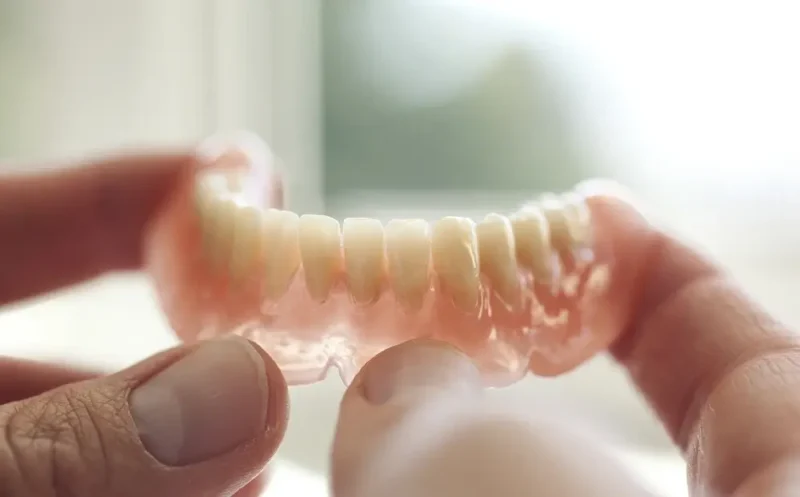 Close-up pictures of two hands holding a set of complete dentures for the maxilla