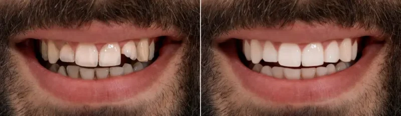 Before and after close-up of a patient's mouth with a cracked tooth, before and after tooth bonding