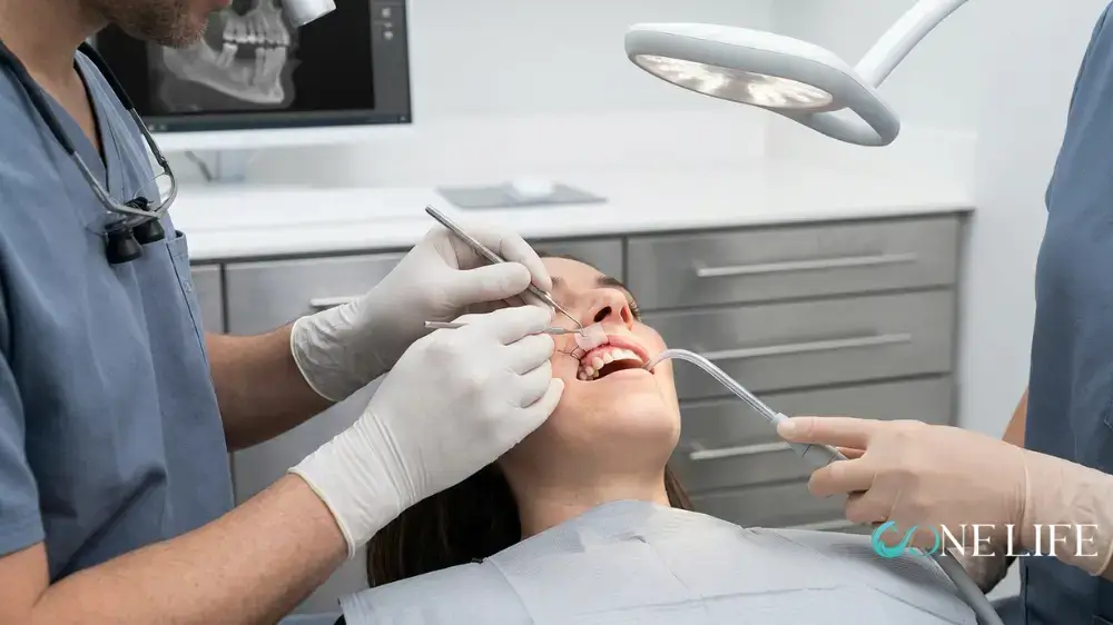 Patient laying down in an operation room at a dental clinic with 2 surgeons performing gingival grafting