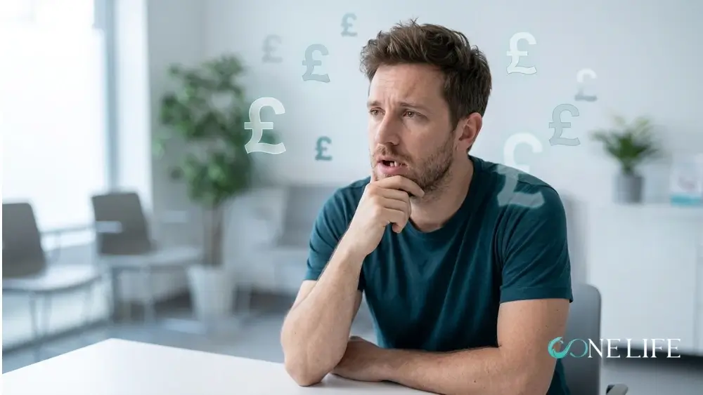 A concerned-looking young man with a slight beard sits at a table in a brightly lit, blurred office or waiting room setting. He is resting his chin on his hand with a worried, pensive expression, and his mouth is slightly open, revealing missing front teeth. Faded, floating British pound (£) symbols surround his head, conveying financial stress or consideration of costs. A small "CONELIFE" logo is visible in the bottom right corner.