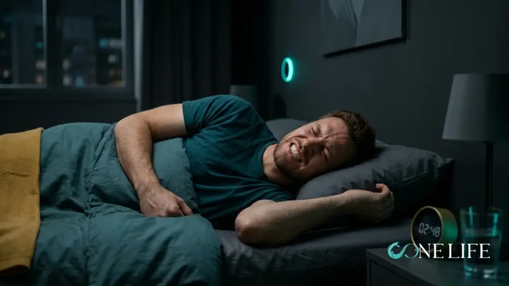A hyper-realistic, wide-angle photograph of a man asleep in bed at night, visibly clenching and grinding his teeth (bruxism) with a strained facial expression. The bedroom is styled in a minimalist, modern aesthetic featuring a color palette of deep charcoal gray, muted teal, and gold accents. The man wears a dark teal t-shirt under a matching teal duvet, with a gold throw blanket at the edge of the bed. A digital bedside clock reads 02:48 next to a glass of water, and a subtle, glowing teal circular light is visible on the dark gray wall in the background.