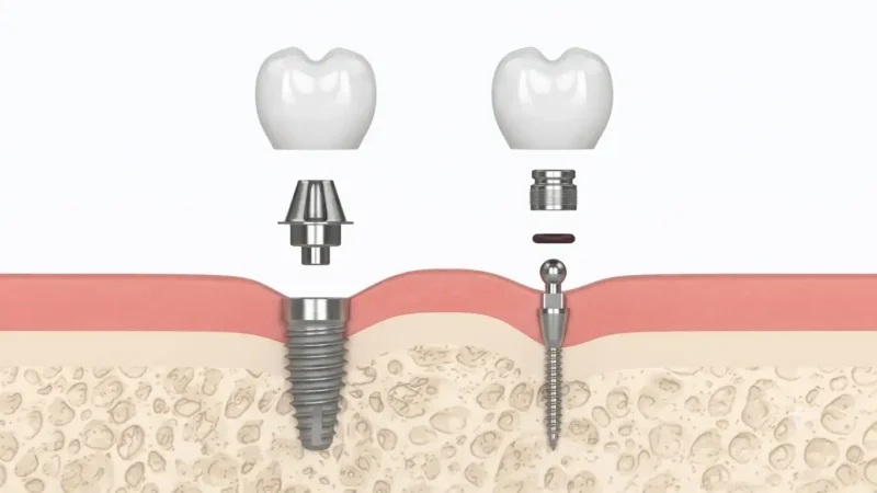 Side by side medical comparison (cartoon style) of a mini dental implant vs regular implant