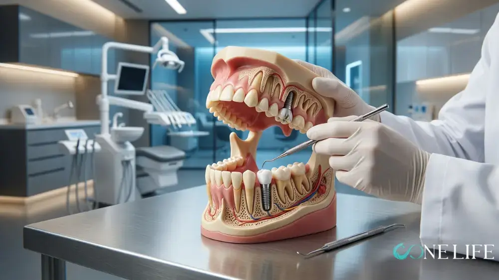 Close-up of a medical model of the mouth anatomy on top of a table in a clinical setting. A doctor is holding the model and pointing at the top teeth with white gloves.