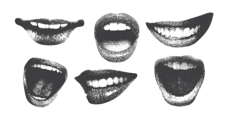 Black and white image of 6 mouths with different expressions