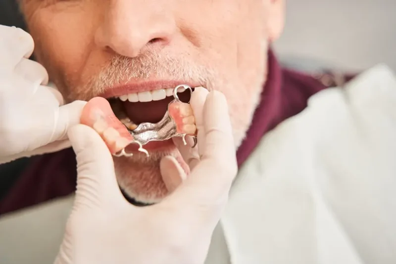 Doctor removing partial dentures from a patient's mouth
