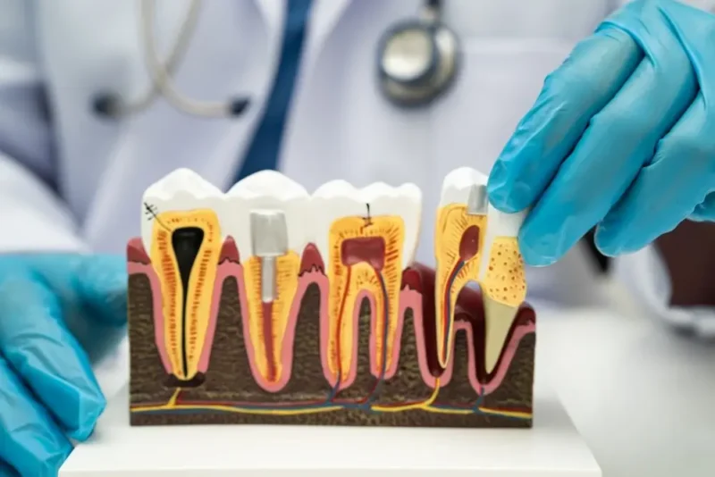 Doctor displaying a cross-section model of a human mouth with tooth decay and periodontal disease