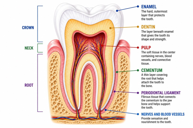Cross-section of a tooth displaying its entire anatomy in detail.