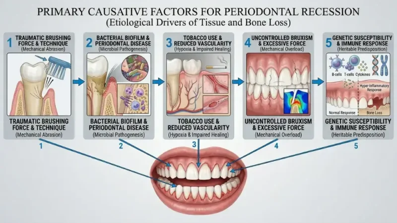 Infographic image illustrating in detail the main causes of gum recession