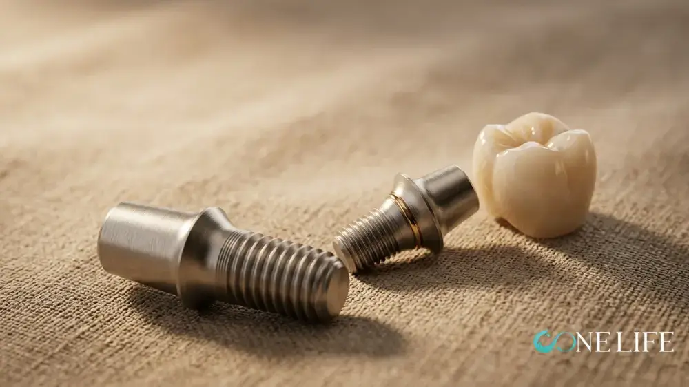 Close-up artistic shot of two dental abutment pieces next to a molar crown on a soft skin-color cloth over a table.